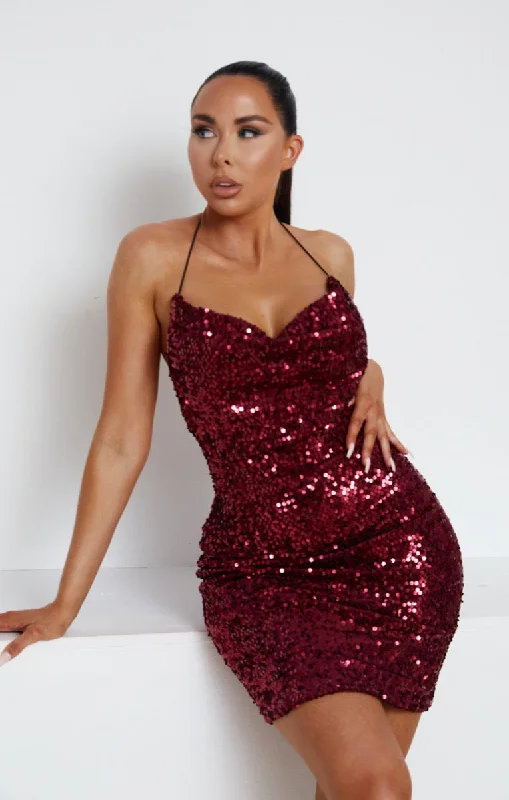 Wine Sequin Halter Neck Bodycon Mini Dress - Alyssa