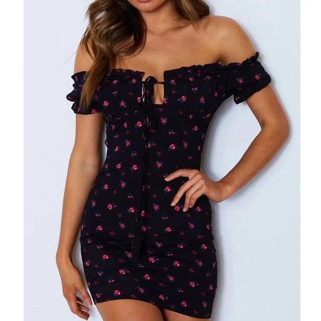 FashionSierra - Off Shoulder Tie Up Front Ruffle Floral Wrap Dress