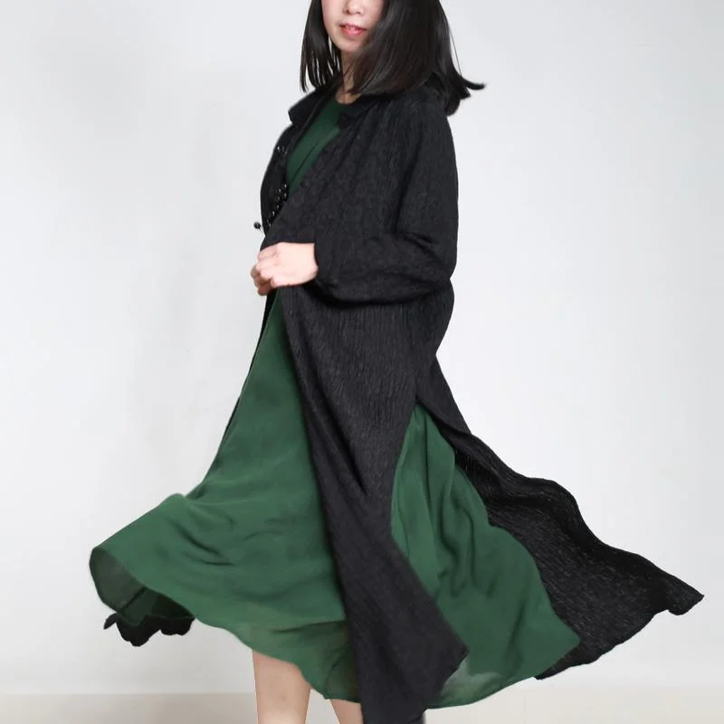 2017 fashion black silk linen cardigans vintage casual jacquard wrap coat