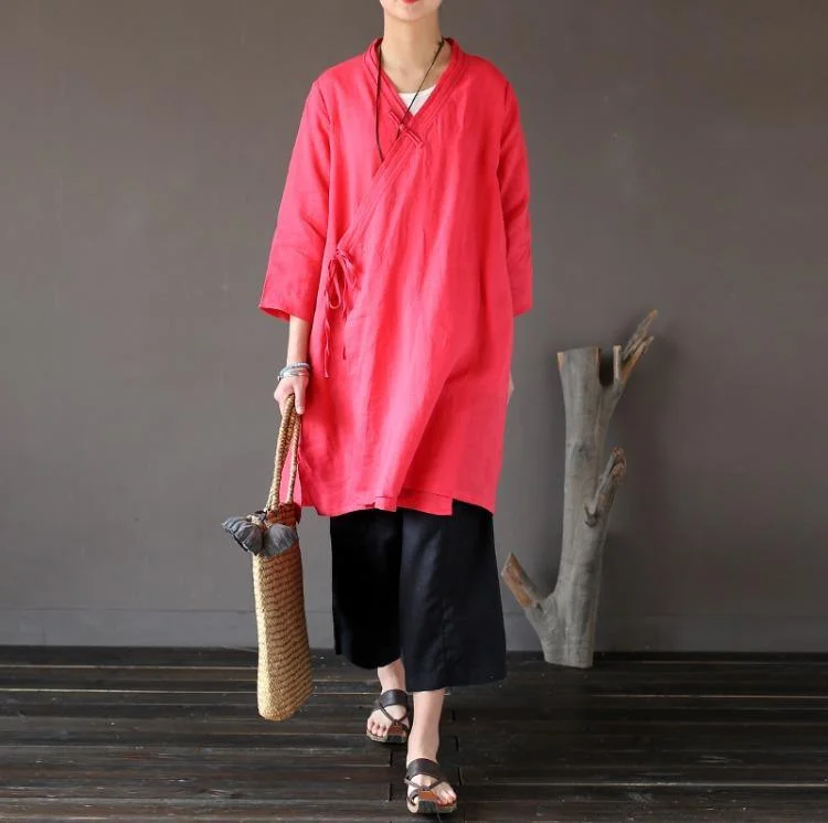 2017 red casual vintage linen blouse loose bracelet sleeved coat