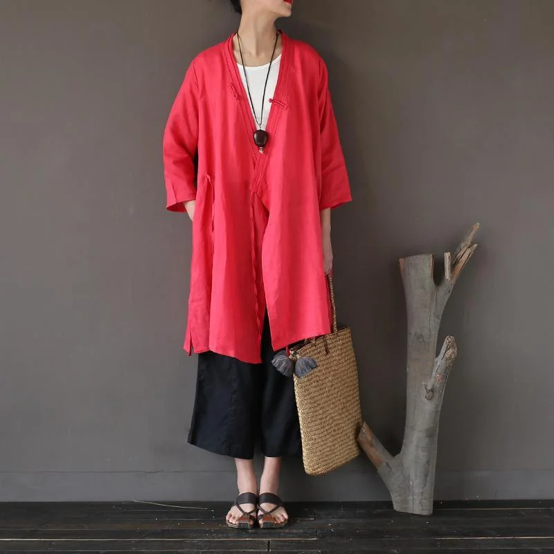 2017 red casual vintage linen blouse loose bracelet sleeved coat