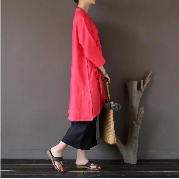 2017 red casual vintage linen blouse loose bracelet sleeved coat