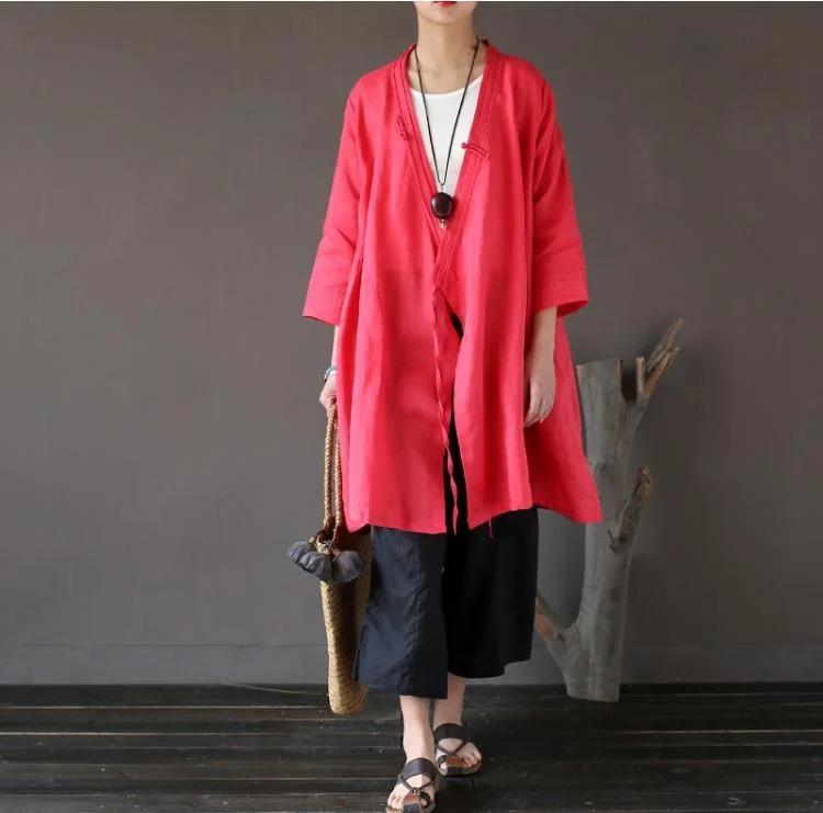 2017 red casual vintage linen blouse loose bracelet sleeved coat