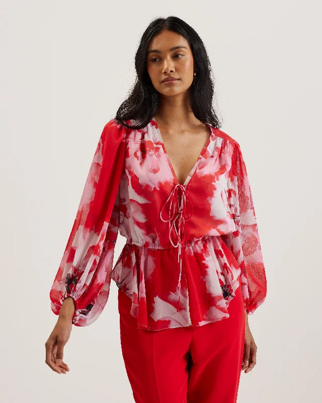 Aleria Printed Tie Front Balloon Sleeve Blouse Red