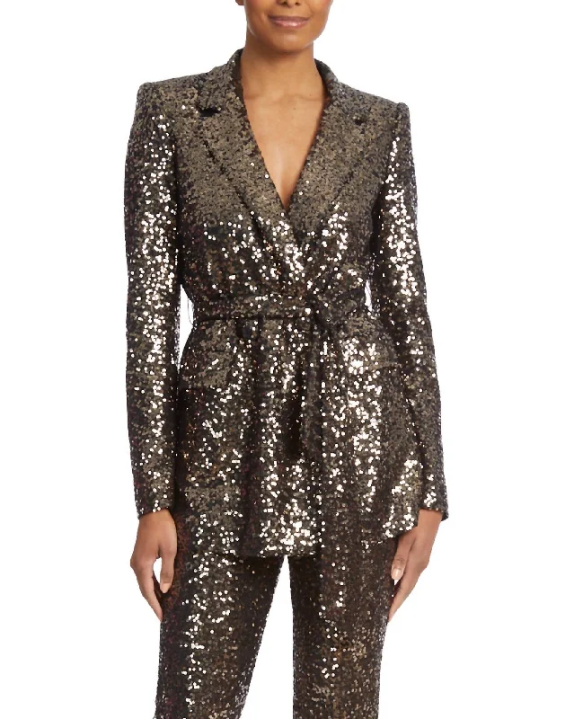 Belted Sequin Blazer In Cocoa Gold