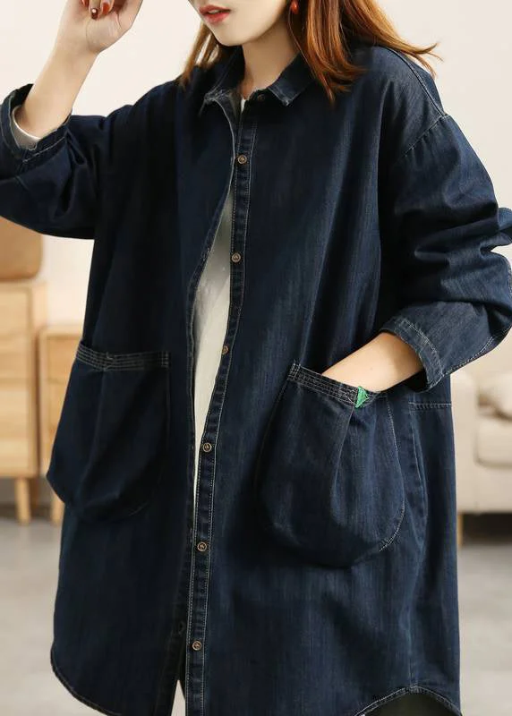 Casual Peter Pan Collar Button Pockets Cotton Denim Coats Long Sleeve