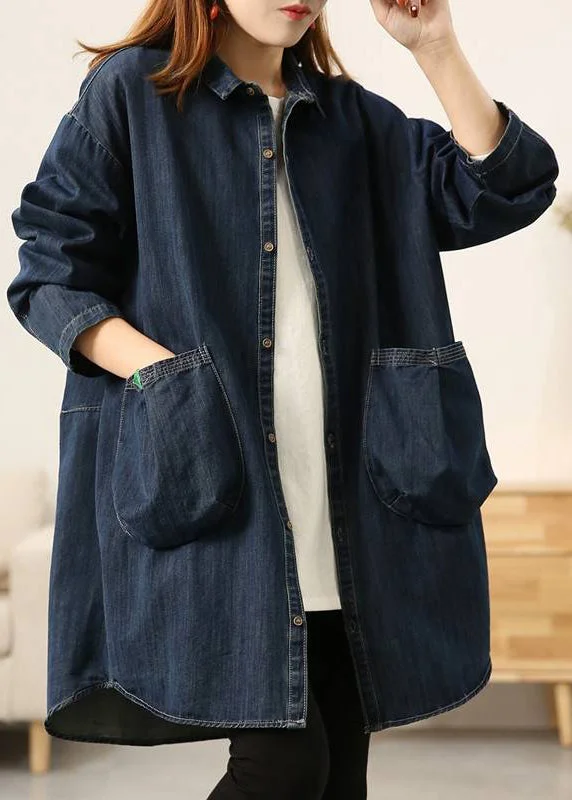 Casual Peter Pan Collar Button Pockets Cotton Denim Coats Long Sleeve