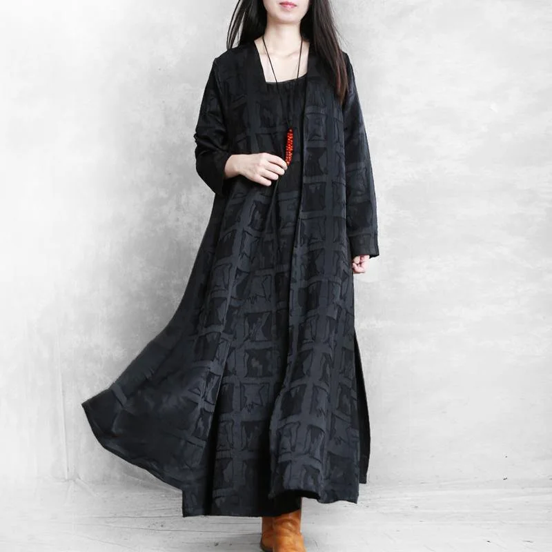 Chic side open two pieces Fashion Long coats black plaid Midi jackets fall