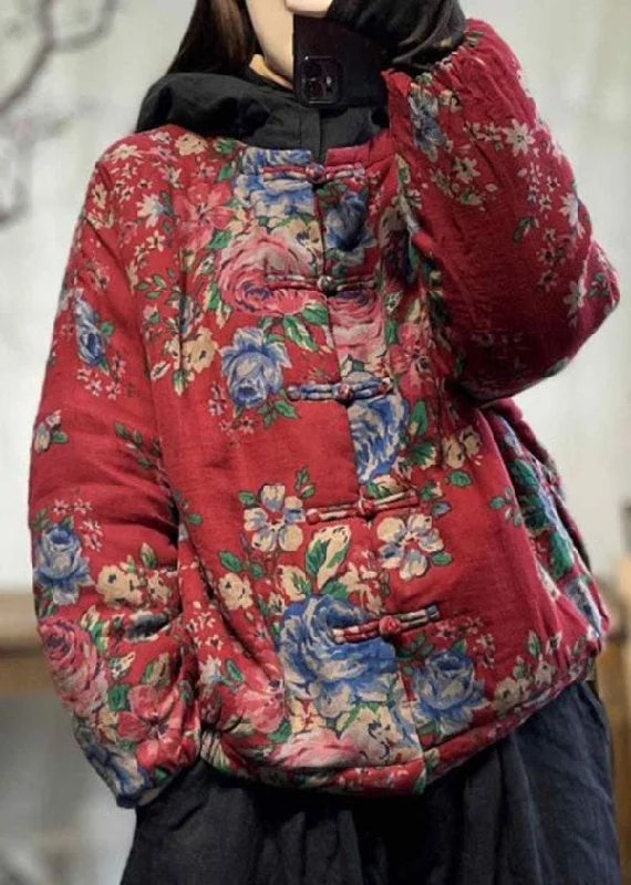 Chinese Style Red Print Patchwork Fine Cotton Filled Hoodie Coat Winter