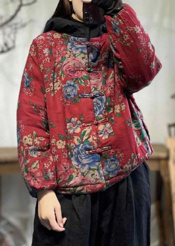 Chinese Style Red Print Patchwork Fine Cotton Filled Hoodie Coat Winter