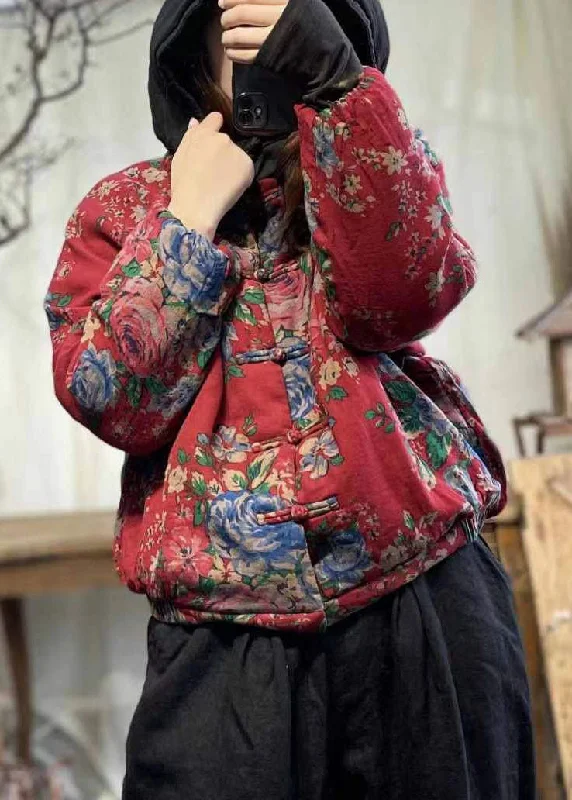 Chinese Style Red Print Patchwork Fine Cotton Filled Hoodie Coat Winter