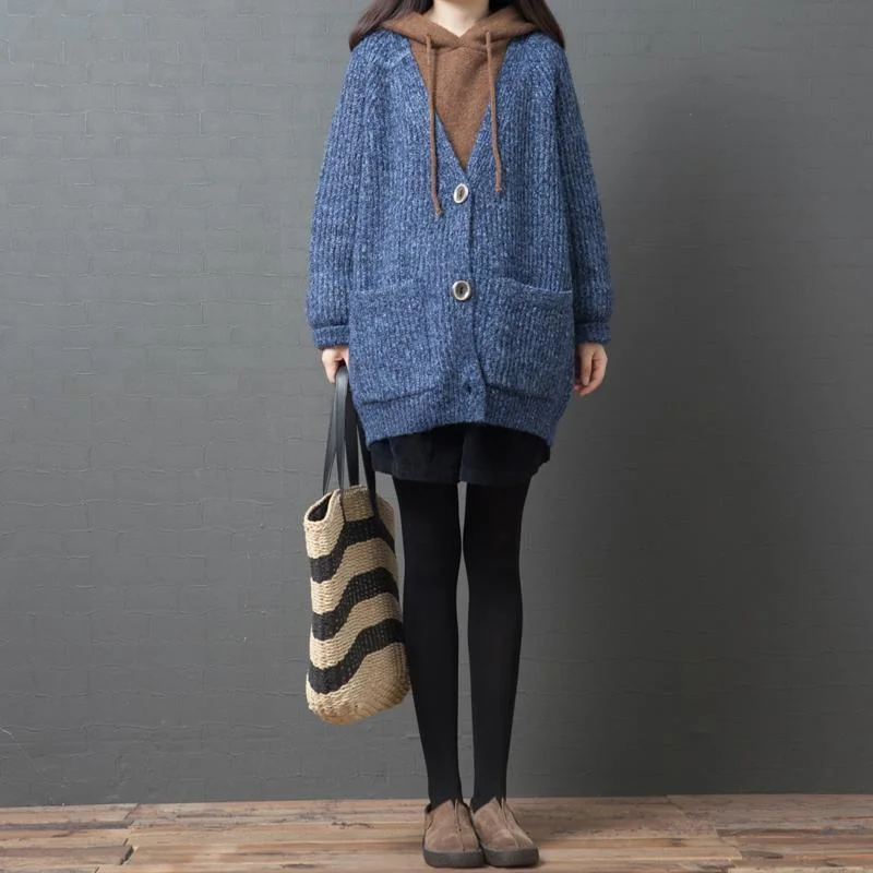 Chunky knit outwear trendy plus size blue v neck pockets sweater coat