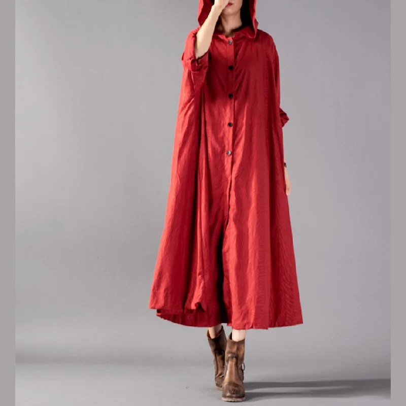 Chunky red blended cardigans oversized hooded large hem coat