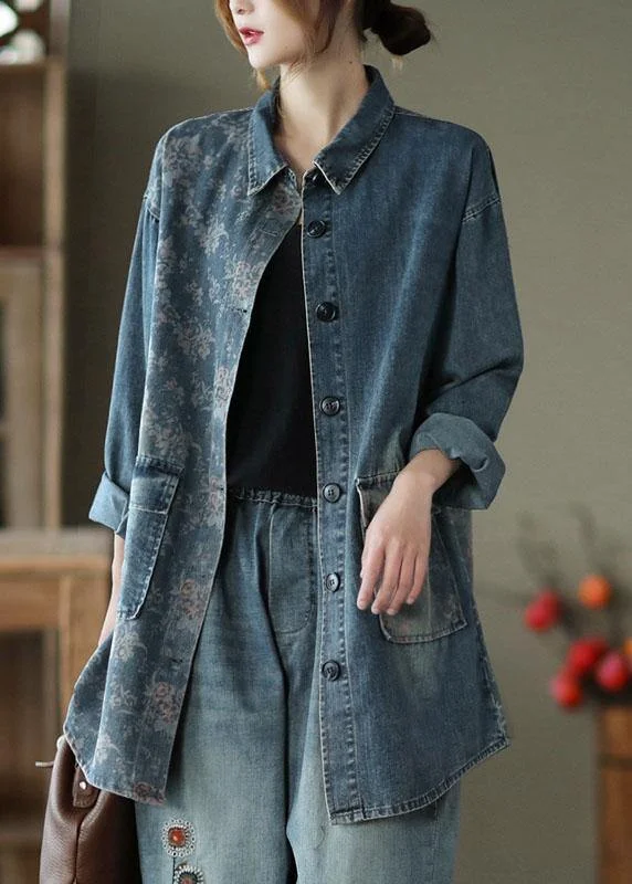 Classy Big Flower Print Patchwork Blouse Tops Denim Jacket