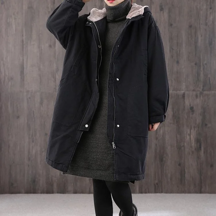 Classy black cotton tunics for women hooded zippered Midi coat