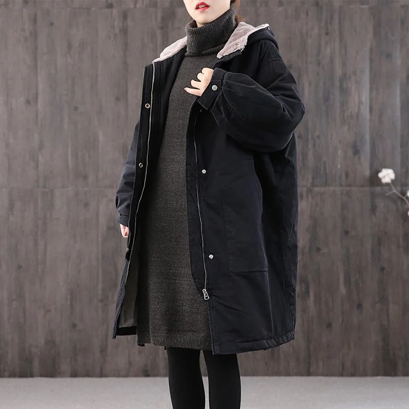 Classy black cotton tunics for women hooded zippered Midi coat