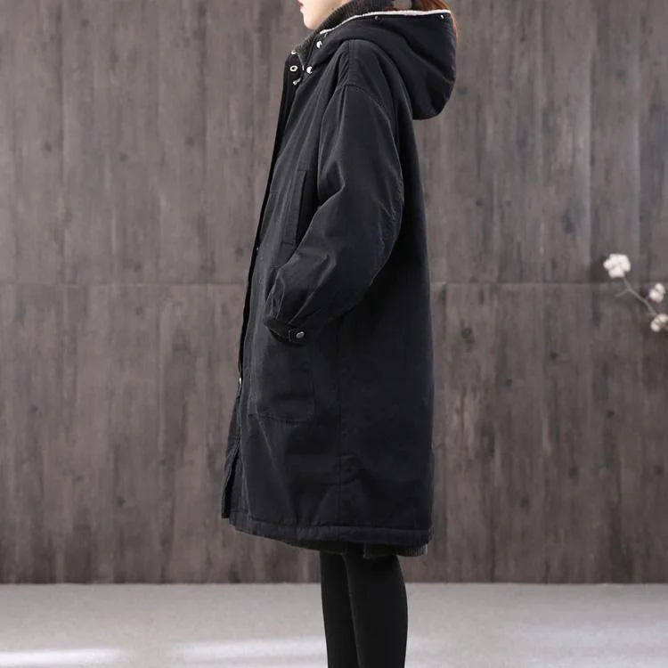 Classy black cotton tunics for women hooded zippered Midi coat