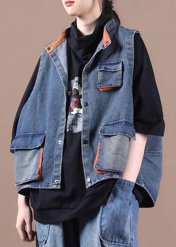 Classy Blue Button Pockets Patchwork Fall Denim Waistcoat