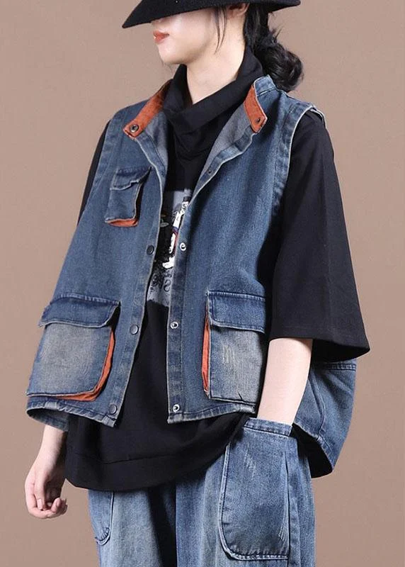 Classy Blue Button Pockets Patchwork Fall Denim Waistcoat