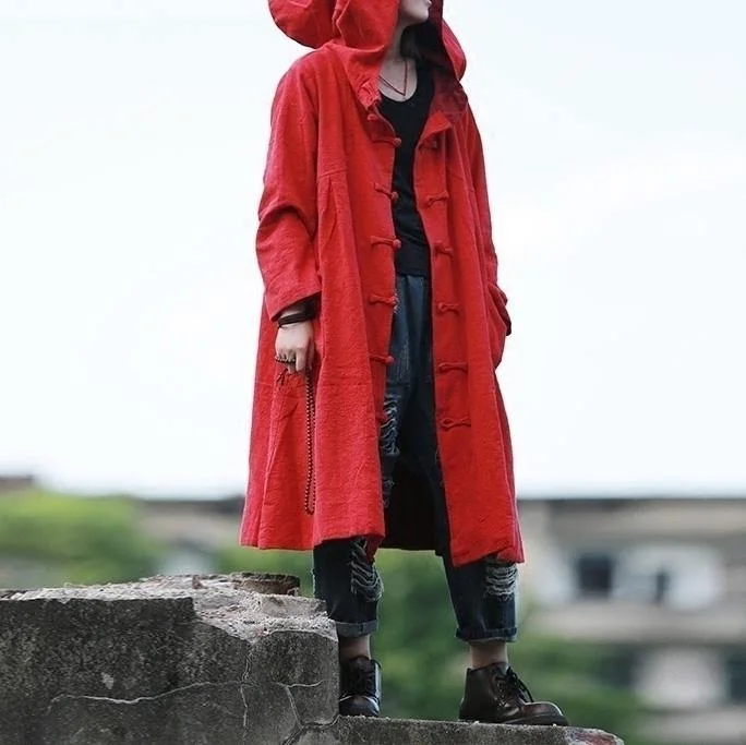 Classy red hooded Fashion tunic coats Outfits Chinese Button fall jackets