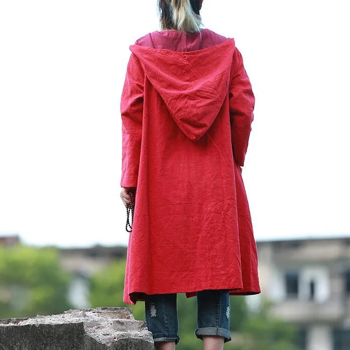 Classy red hooded Fashion tunic coats Outfits Chinese Button fall jackets