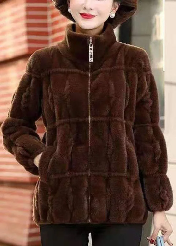 Coffee Warm Mink Hair Knitted Jackets Zip Up Pockets Winter