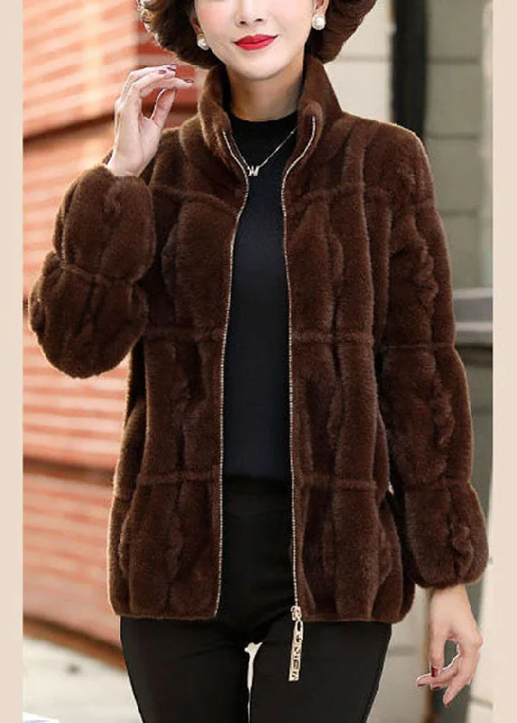 Coffee Warm Mink Hair Knitted Jackets Zip Up Pockets Winter