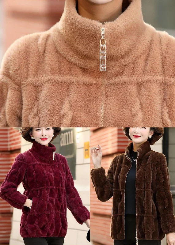 Coffee Warm Mink Hair Knitted Jackets Zip Up Pockets Winter