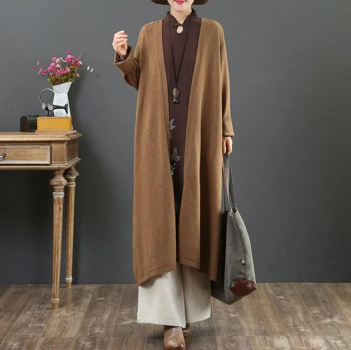 Cozy brown sweater coat trendy plus size v neck loose sweaters