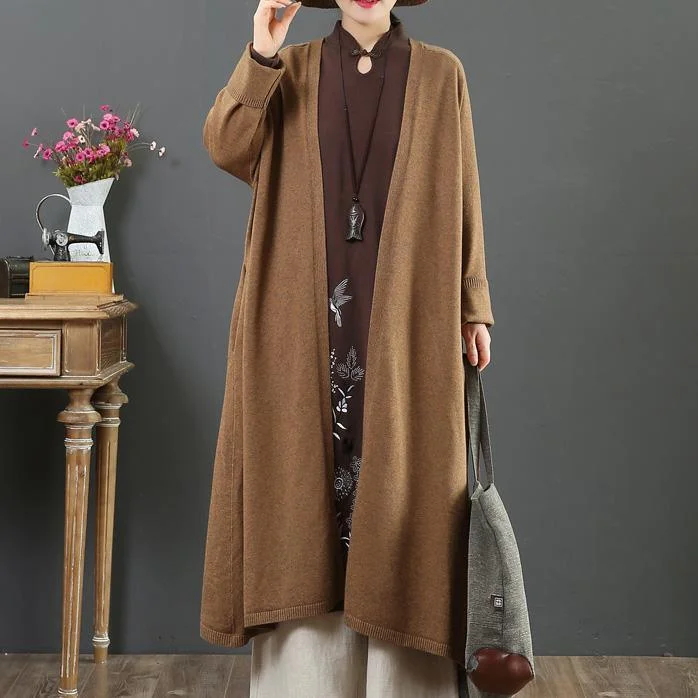 Cozy brown sweater coat trendy plus size v neck loose sweaters