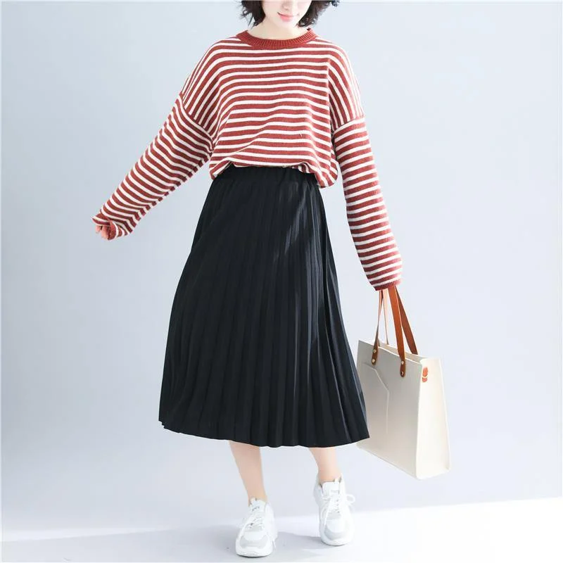 Cute red striped sweater coat Loose fitting knitted tops