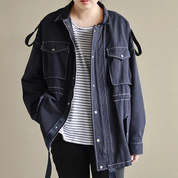 dark blue coat oversize cotton Coat New casual jackets pockets