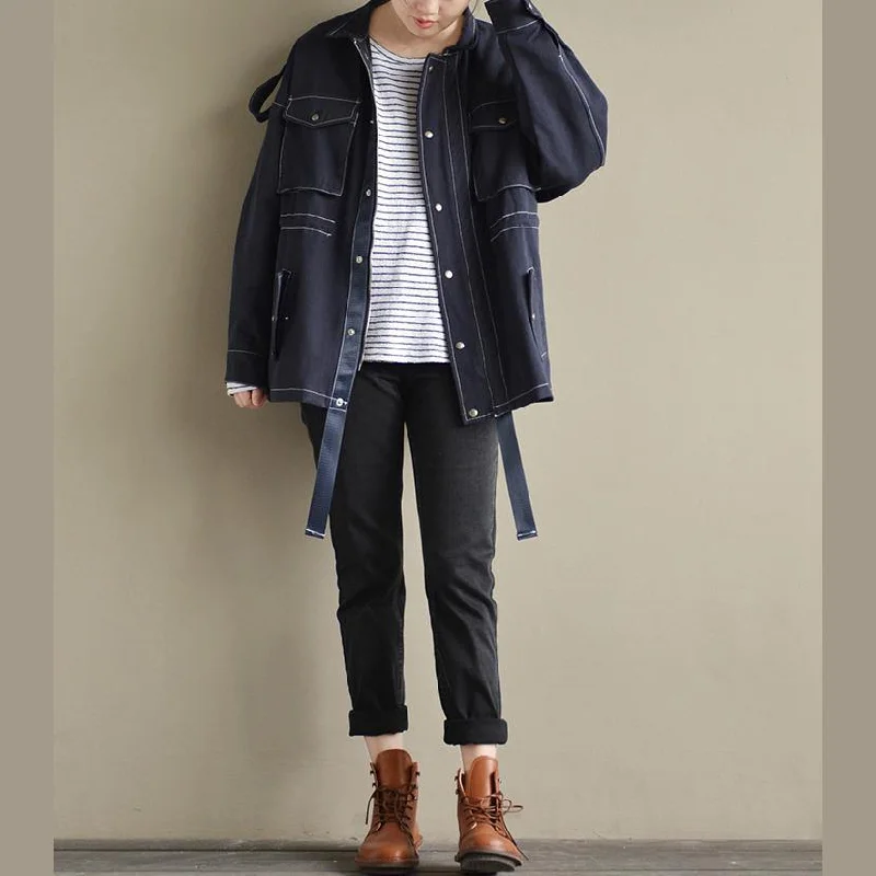 dark blue coat oversize cotton Coat New casual jackets pockets