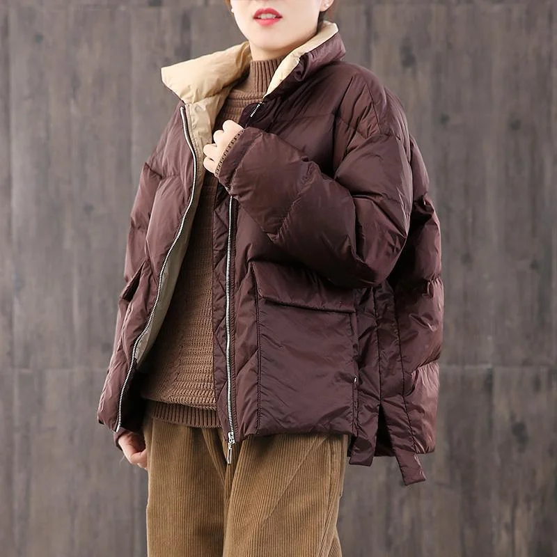 Dark Red Warm Winter Coat Plus Size Zippered Side Open Luxury Overcoat