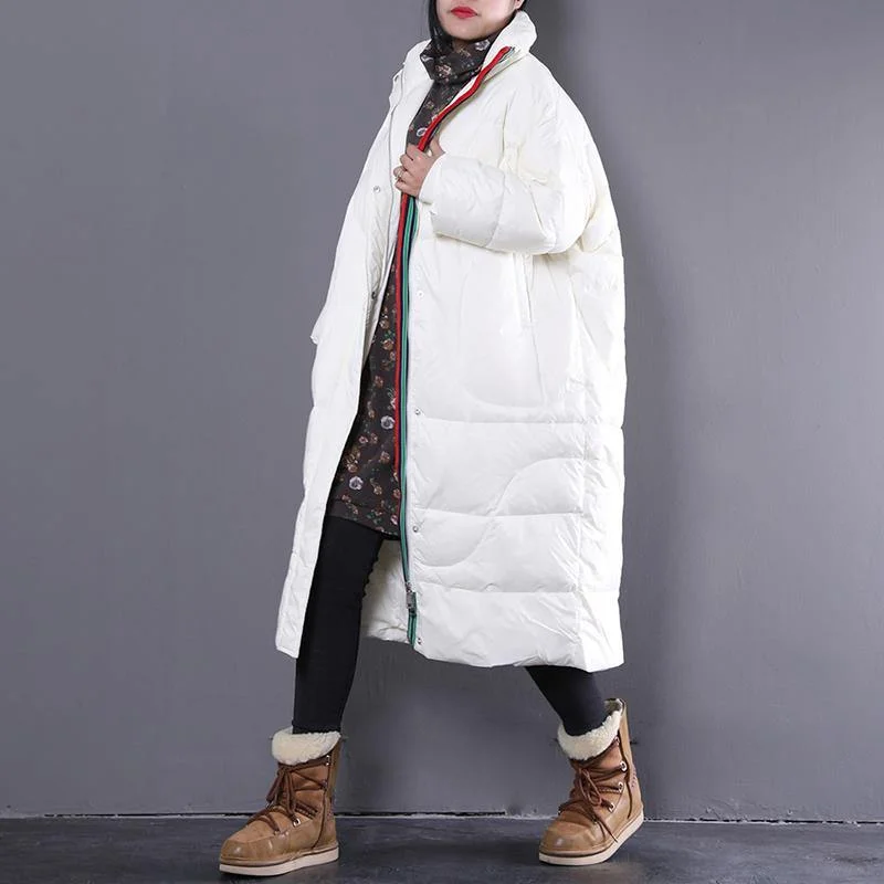 Elegant beige down jacket plus size stand collar Parka Warm pockets zippered down coat