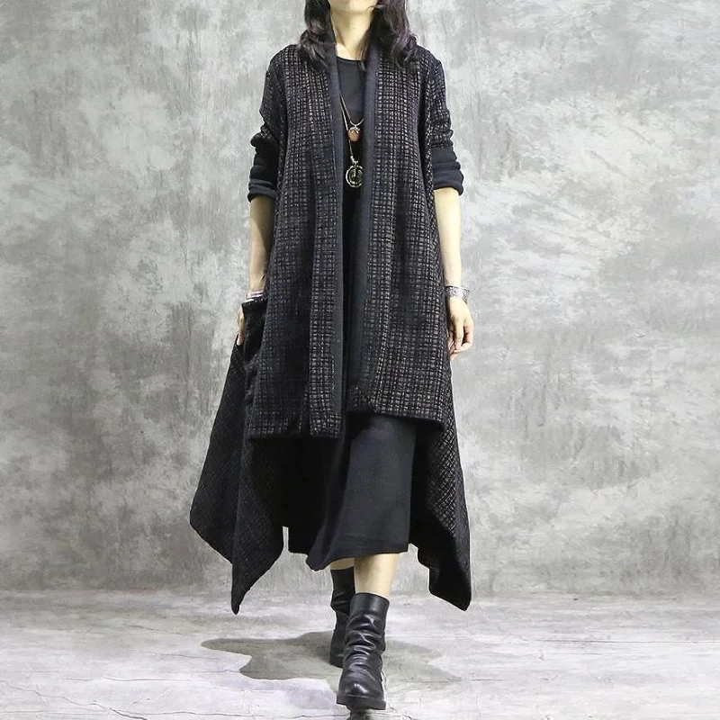 Elegant black brown Plaid Coats trendy plus size long V neck patchwork coat