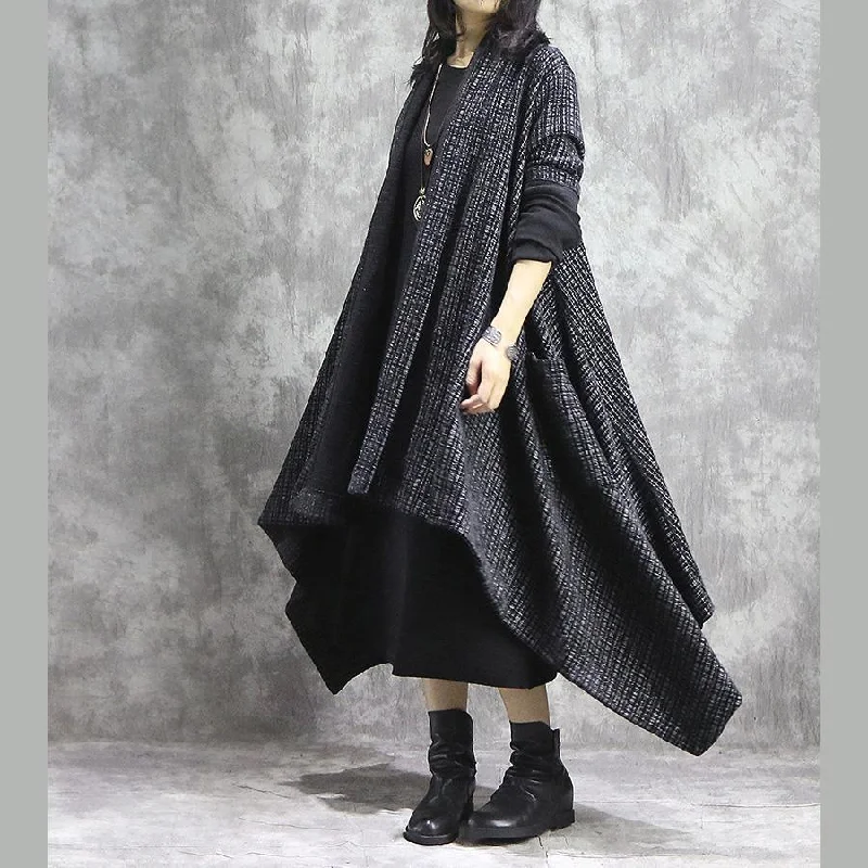 Elegant black brown Plaid Coats trendy plus size long V neck patchwork coat