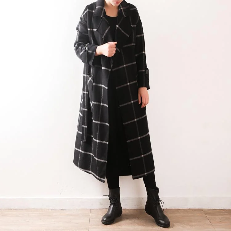 Elegant black Plaid Wool coats plus size clothing Notched tie waist pockets coats