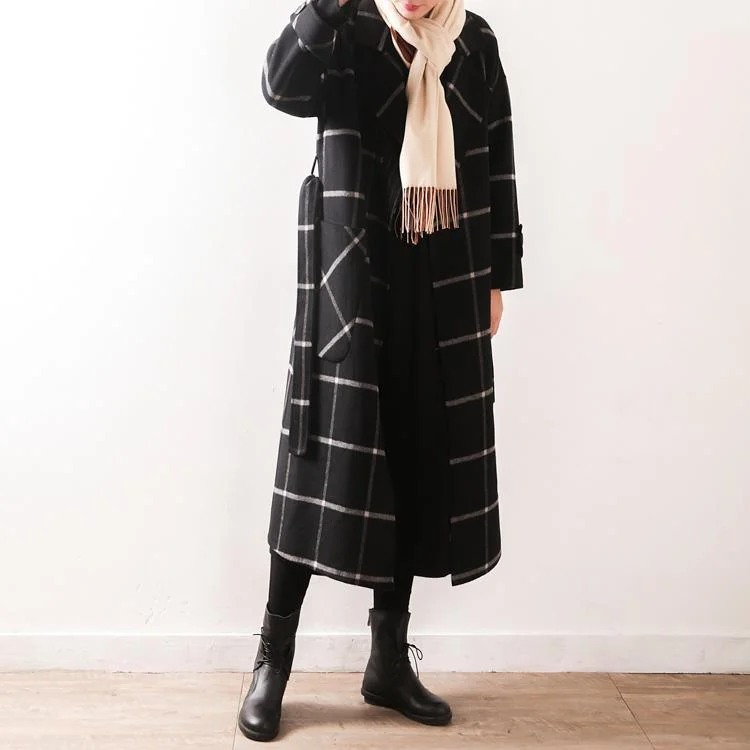 Elegant black Plaid Wool coats plus size clothing Notched tie waist pockets coats