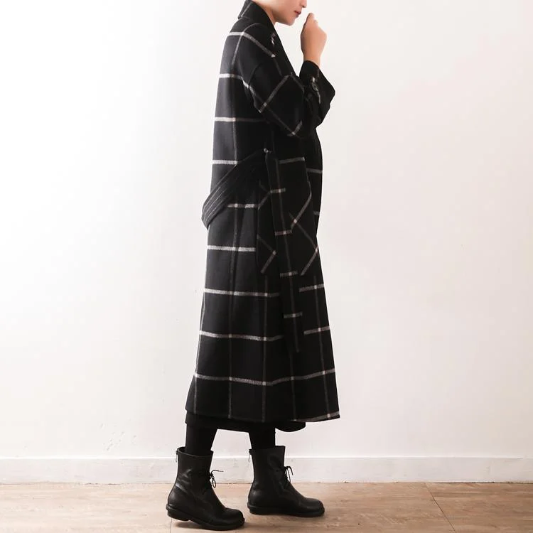 Elegant black Plaid Wool coats plus size clothing Notched tie waist pockets coats