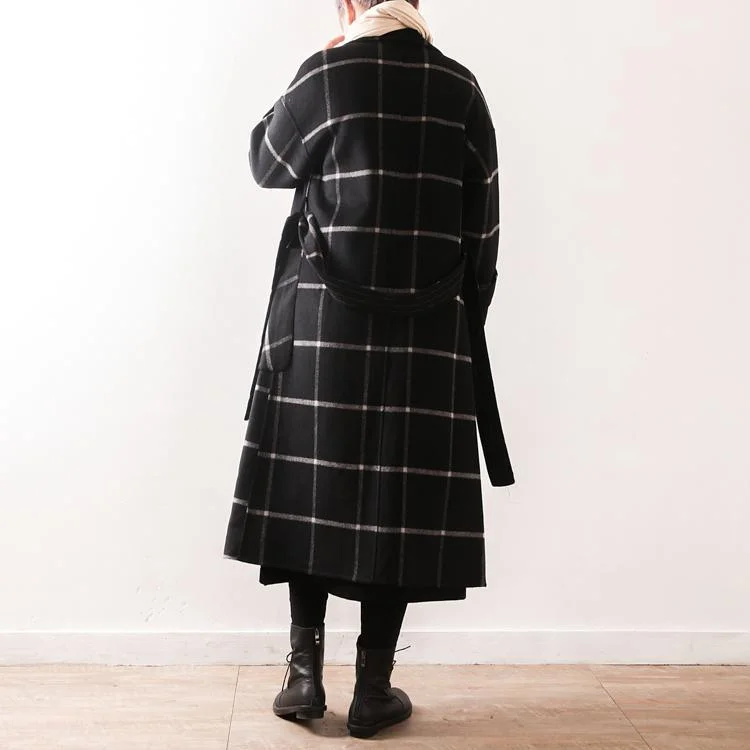 Elegant black Plaid Wool coats plus size clothing Notched tie waist pockets coats