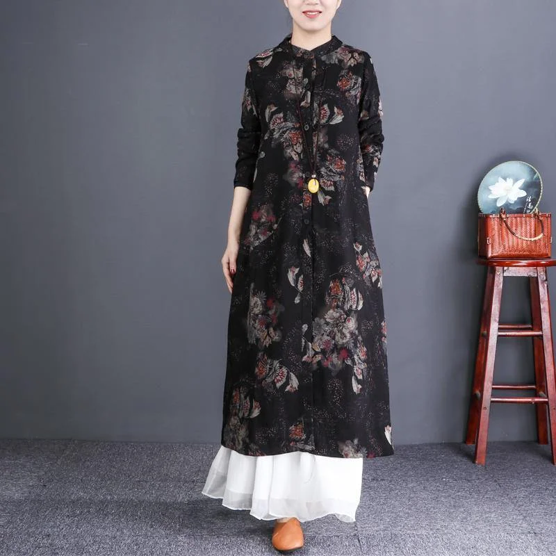 Elegant black print coat casual maxi coats stand collar