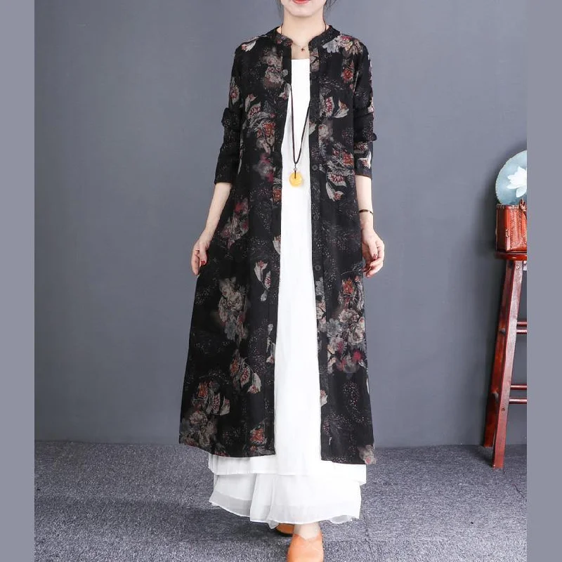 Elegant black print coat casual maxi coats stand collar