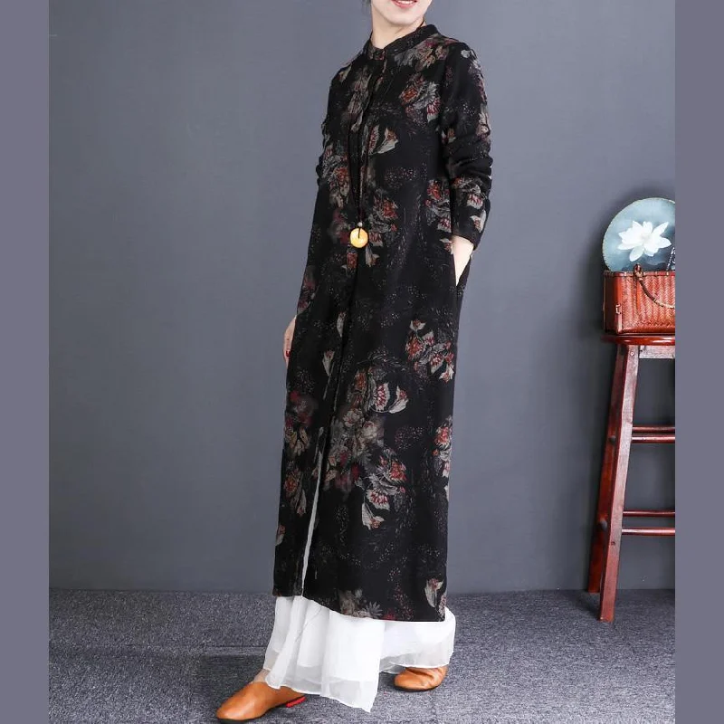 Elegant black print coat casual maxi coats stand collar