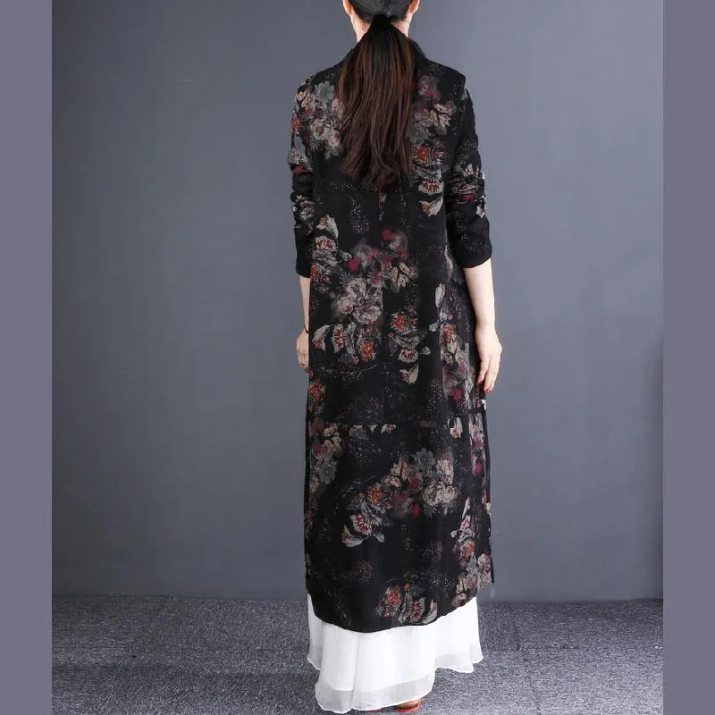 Elegant black print coat casual maxi coats stand collar