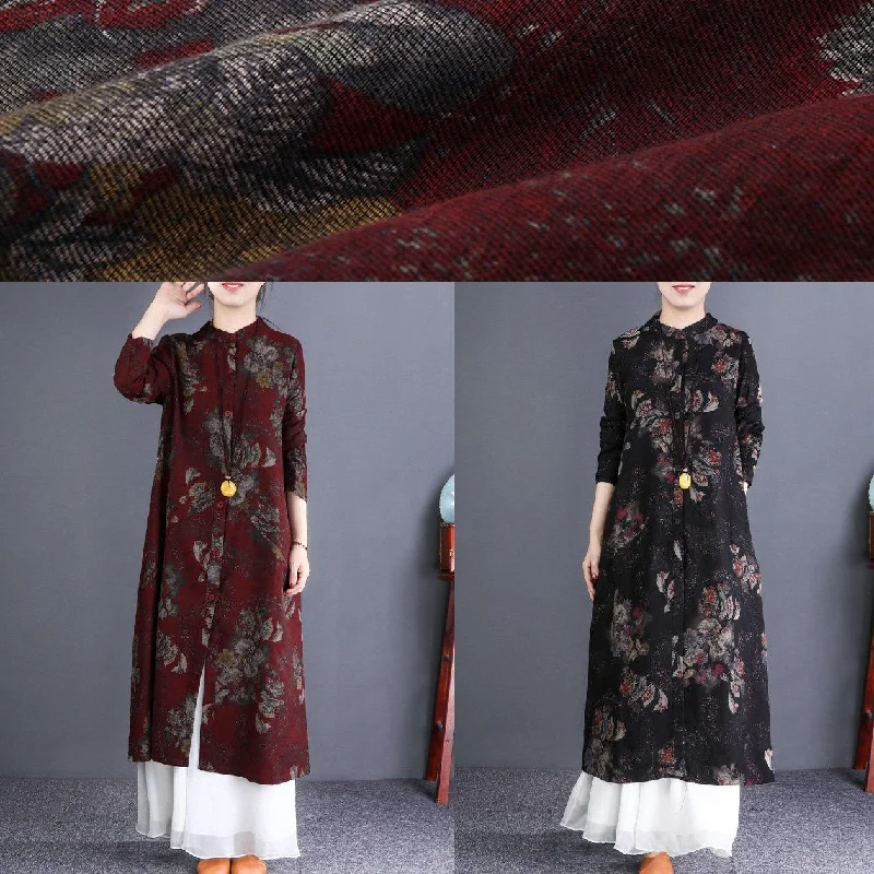 Elegant black print coat casual maxi coats stand collar