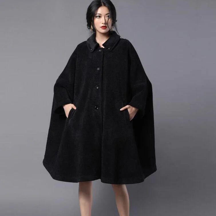 Elegant black Woolen Coats Women oversize winter Turn-down Collar woolen Cloak Sleeves outwear