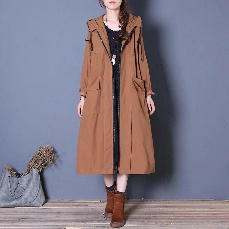 Elegant brown coats plus size long fall coat hooded drawstring