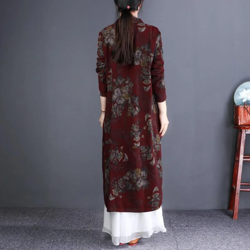 Elegant burgundy print coat trendy plus size coats stand collar