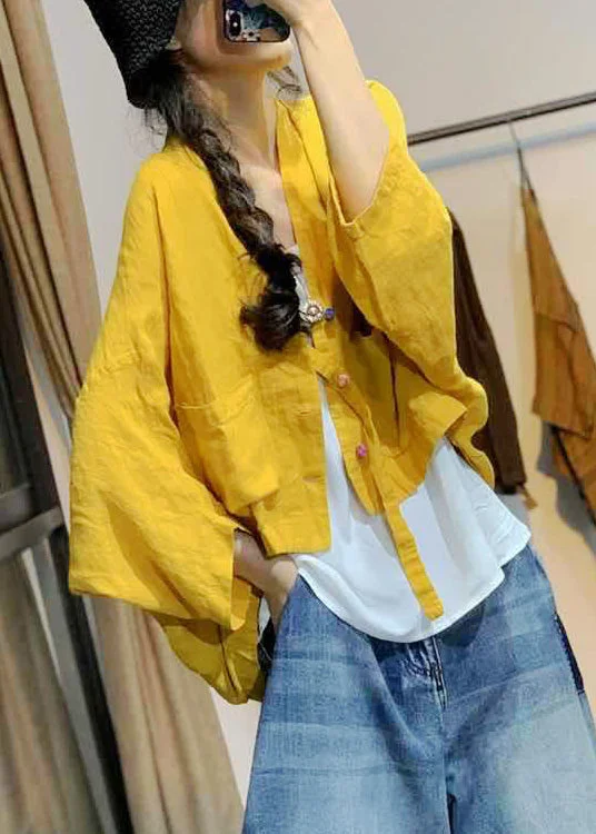 French Yellow Button Pockets Linen Coats Batwing Sleeve